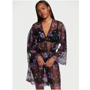 Victoria Secret's Illuminating Blooms Black Lace Trim Robe *missing belt